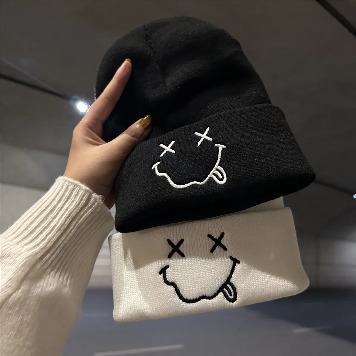 BEANIE (Graphic) - cute smiling smooth and comfortable embroidered knitted hat