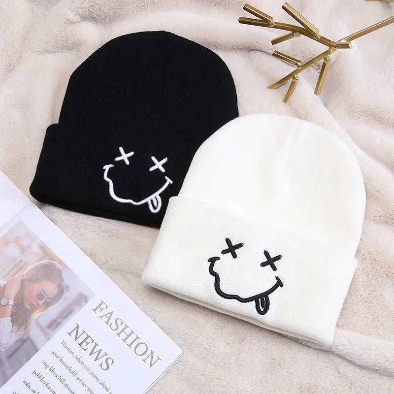 BEANIE (Graphic) - cute smiling smooth and comfortable embroidered knitted hat