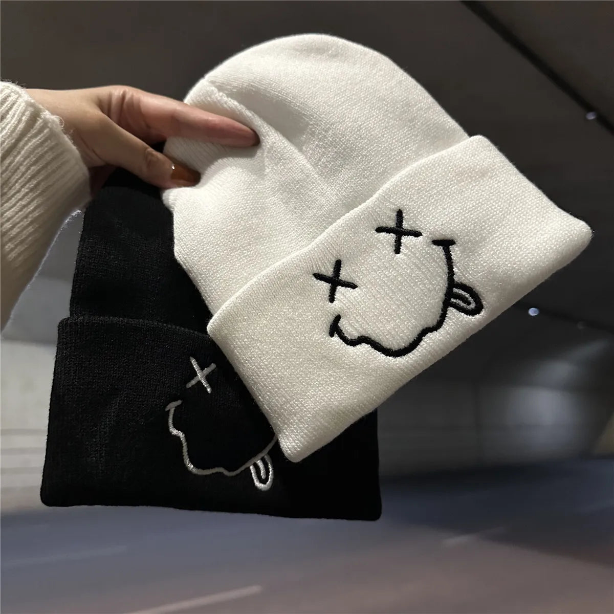 BEANIE (Graphic) - cute smiling smooth and comfortable embroidered knitted hat